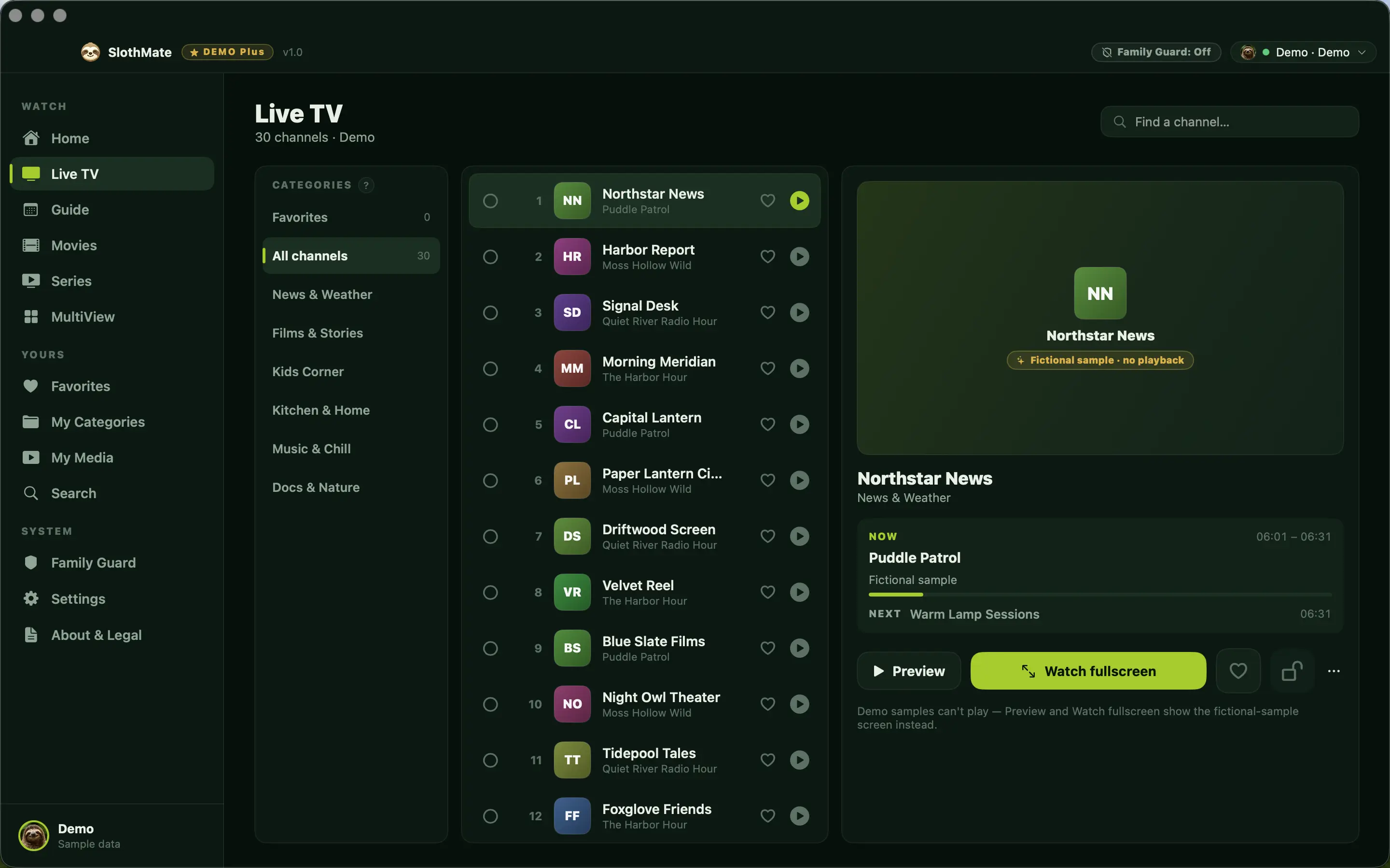 The Live TV screen: a category rail on the left, a channel list in the middle, and the preview pane on the right.